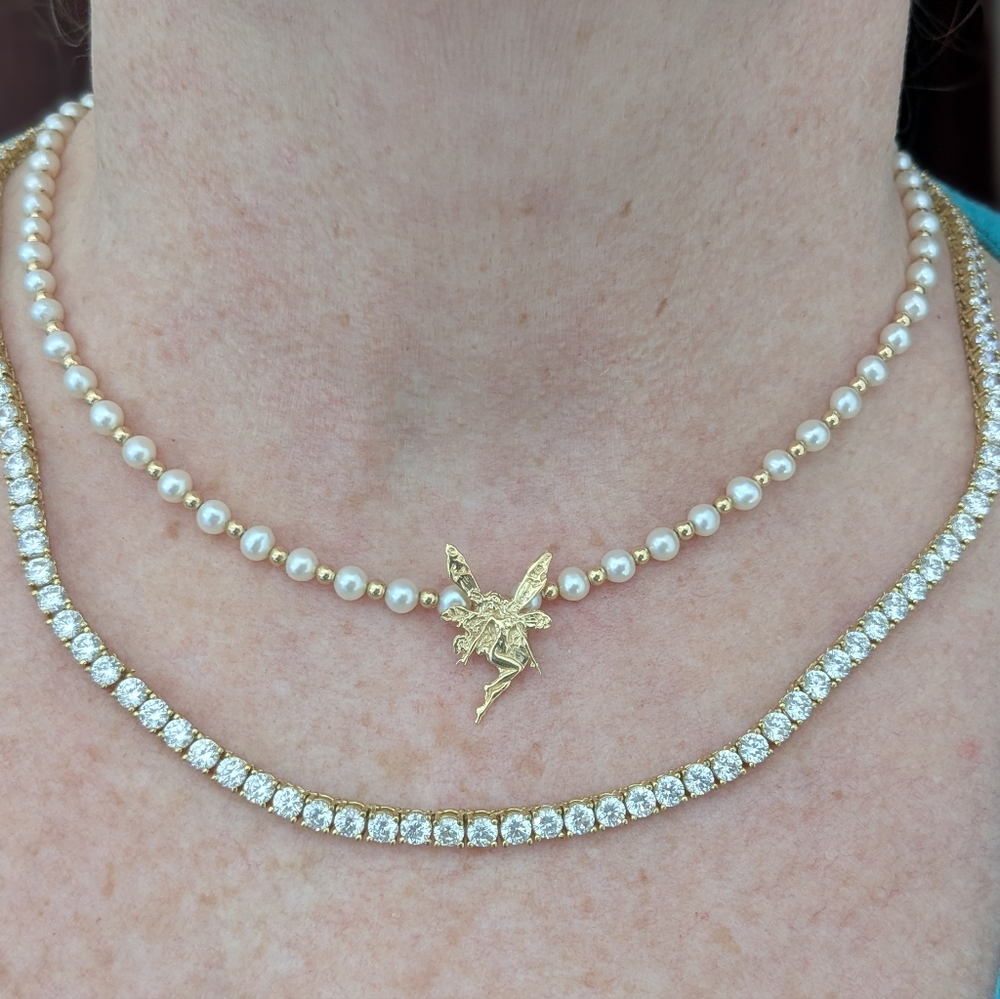 14k Yellow Gold Beaded Pearl Necklace With Fairy Pendant - Picture 15 of 15